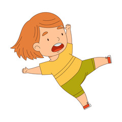 Cute Girl Tumbling Over and Stumbling While Running and Rushing at Full Speed Vector Illustration