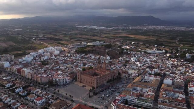 aerial view of Spanish village with monastery