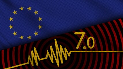 European Union Wavy Fabric Flag, 7.0 Earthquake, Breaking News, Disaster Concept, 3D Illustration
