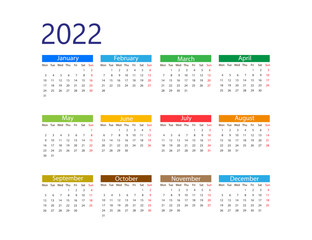 2022 year, calendar. Vector illustration. Weeks start on Monday.