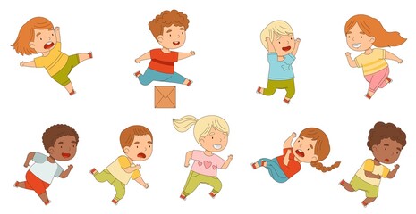 Cute Kids Running and Rushing Away at Full Speed Stumbling Vector Set
