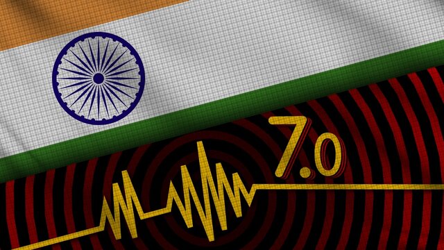 India Wavy Fabric Flag, 7.0 Earthquake, Breaking News, Disaster Concept, 3D Illustration