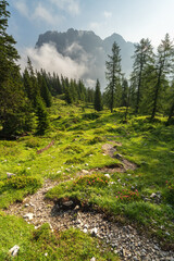 Obraz premium Hiking in the morning in Tirol, Austria, near Zugspitze, Sonnenspitze, Drachensee, Seebensee, Lermoos, Ehrwald