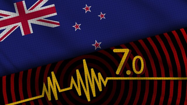 New Zealand Wavy Fabric Flag, 7.0 Earthquake, Breaking News, Disaster Concept, 3D Illustration