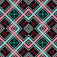 Red and green crossed line pattern on black background , crossed square seamless vector pattern, pine tree pattern