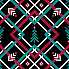 Red and green crossed line pattern on black background , crossed square seamless vector pattern, pine tree pattern