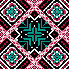 Red and green crossed line pattern on black background , crossed square seamless vector pattern, pine tree pattern