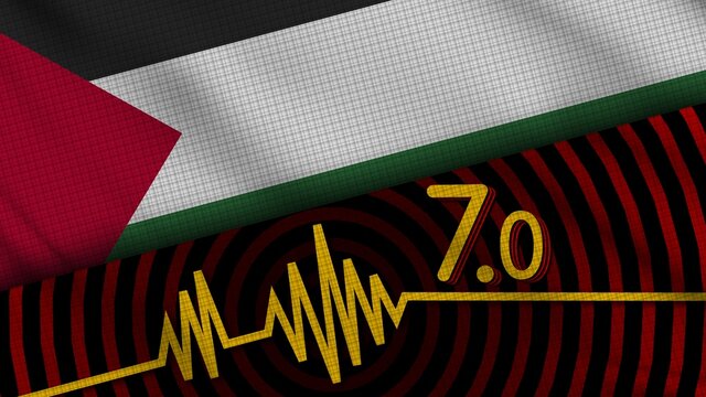 Palestine Wavy Fabric Flag, 7.0 Earthquake, Breaking News, Disaster Concept, 3D Illustration