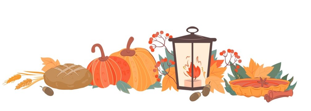 Autumn harvest in garden including pumpkins and burning lantern at backdrop of yellow leaves. Background for autumn holidays and markets, flat vector illustration isolated.