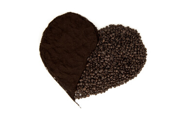 Coffee ground and seeds in heart shap isolated on white surface. top view ,flat lay.