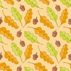 Oak leave and seed seamless pattern vector autumn seasonal background