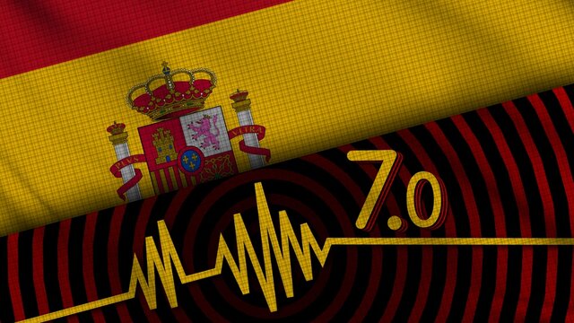 Spain Wavy Fabric Flag, 7.0 Earthquake, Breaking News, Disaster Concept, 3D Illustration