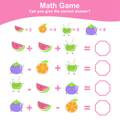 Fruit Counting Math Worksheet. Math Worksheet for Preschool. Educational printable math worksheet. Preschool Education. Early education materials. Vector illustration.