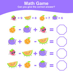 Fruit Counting Math Worksheet. Math Worksheet for Preschool. Educational printable math worksheet. Preschool Education. Early education materials. Vector illustration.