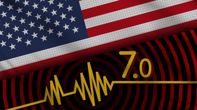 United States of America Wavy Fabric Flag, 7.0 Earthquake, Breaking News, Disaster Concept, 3D Illustration