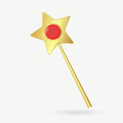 A golden magic wand with a star and a red gem in the center. 3D. Vector illustration.