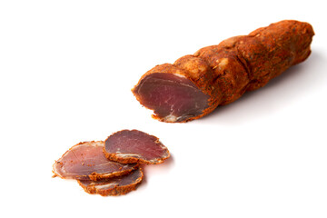 Dried meat beef jerky dry isolated on white background.