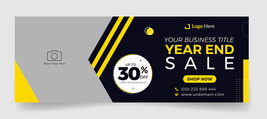 End of year sale web ad banner and facebook cover page timeline with photo place. Modern layout black background, yellow shape & text design - obrazy, fototapety, plakaty