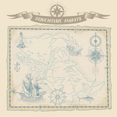 Vintage map of marine navigation. Hand-drawn sailboats, sunken ships, map, wind rose, anchor, steering wheel, compass.