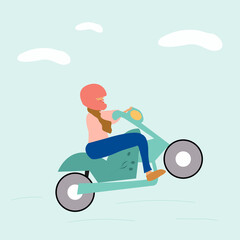 A young girl in a helmet drives a motorcycle and does stunts while driving. Vector illustration 