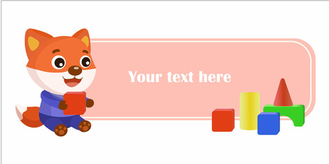Vector empty tag with cute fox playing cubes