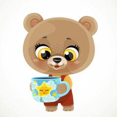 Cute cartoon baby bear with a blue cup with cartoon star isolated on white background
