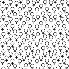 Black Female sign. Circle with a cross down. Belonging to the female gender. Seamless pattern. Vector Illustration. EPS10