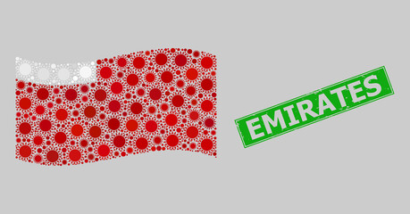 Distress Emirates and mosaic waving Abu Dhabi flag designed with sun icons. Green badge has Emirates caption inside rectangle. Vector sunny mosaic waving Abu Dhabi flag combined for holiday posters.
