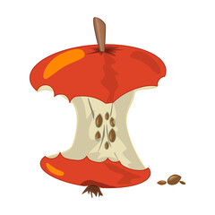 Apple core isolated on white background. Red apple stump with seeds icon. Food trash and meal rubbish, kitchen leftovers. Organic waste. Fruit symbol in cartoon style. Stay fresh.Vector illustration