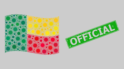 Textured Official and mosaic waving Benin flag constructed with sun items. Green stamp includes Official caption inside rectangle. Vector sunny collage waving Benin flag created for patriotic posters.