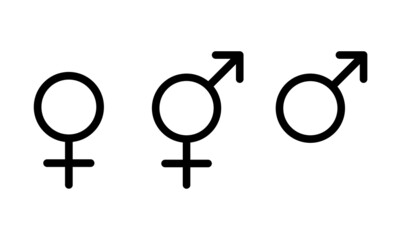 Black Male and female sign. Circle with an arrow and cross down. Belonging to the masculine or female gender. Vector Illustration. EPS10