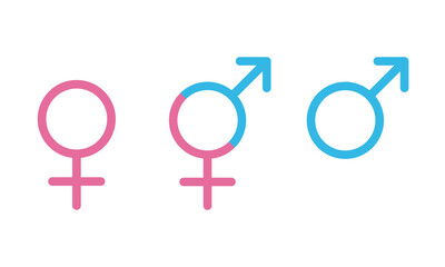 Blue Male and pink female sign. Circle with an arrow and cross down. Belonging to the masculine or female gender. Vector Illustration. EPS10