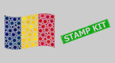 Distress Stamp Kit and mosaic waving Chad flag created of sun elements. Green stamp seal contains Stamp Kit tag inside rectangle. Vector sunny mosaic waving Chad flag designed for holiday projects.
