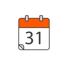 Red color calendar icon. 31 number. Vector illustration