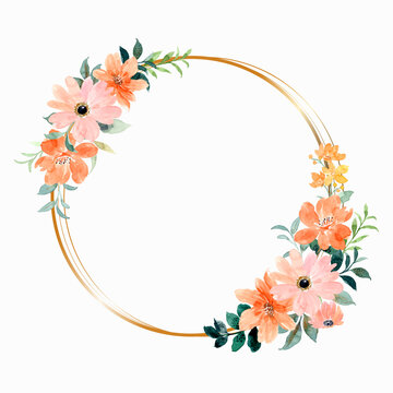 Watercolor flower wreath with gold circle