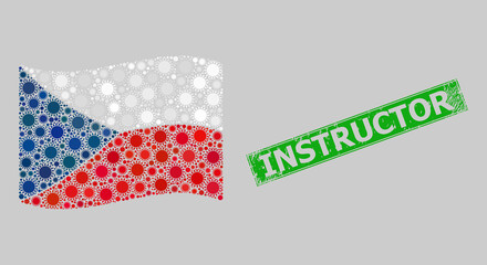 Fototapeta premium Rubber Instructor and mosaic waving Czech flag designed of sun icons. Green stamp includes Instructor caption inside rectangle.