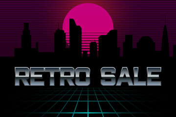 Fototapeta premium Retro wave 80s style sale banner on dark futuristic backgrounds