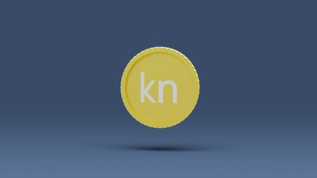 Currency icon animation 3d rendering. 3d animated Croatian kuna currency symbol spinning with shadow. Kuna currency golden coin animation video.