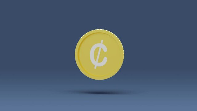Currency icon animation 3d rendering. 3d animated Ghanaian cedi currency symbol spinning with shadow. Ghanaian cedi currency golden coin animation video.