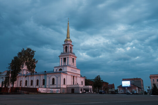 VOTKINSK, RUSSIA - AUGUST 26 2021: Cathedral of the Annunciation of the Blessed Virgin Mary in the evening in Votkinsk