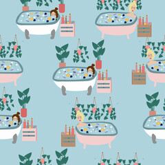 Seamless pattern. Relaxed women lying at cozy bathroom with foam bubbles vector flat illustration. Joyful female taking bath surrounded by candles isolated on white. Girl enjoying time for yourself