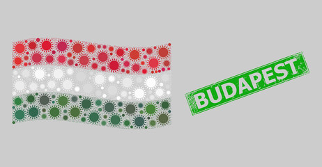 Scratched Budapest and mosaic waving Hungary flag designed of sun items. Green stamp contains Budapest caption inside rectangle.