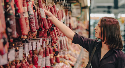 Obraz na płótnie Canvas Young woman chooses salami sausage in a supermarket