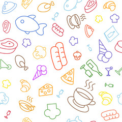 Colored line icons of restaurant and fast food, coffee, pizza, cheese, hot dog and ice cream. Seamless pattern