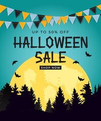 Happy Halloween, Shop Now poster Template on blue Background with bat and spider. Vector Illustration