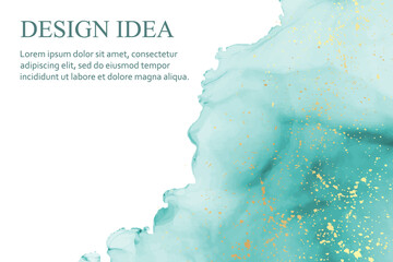 Modern watercolor background or elegant card design or wallpaper or poster with abstract teal ink waves and golden splashes on a white.