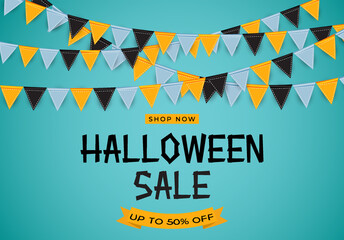 Halloween sale poster with flags and garland on blue background. Vector Illustration