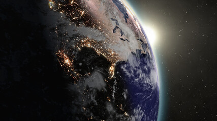 3d rendering of night to day planet earth sunrise view from space with sun showing up from the east spreading daylight over North America in universe cosmos science concept