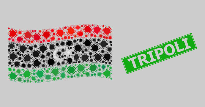 Rubber Tripoli and mosaic waving Libya flag constructed of sun icons. Green stamp has Tripoli tag inside rectangle. Vector sunny mosaic waving Libya flag organized for patriotic advertisement.