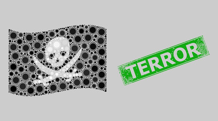 Rubber Terror and mosaic waving pirate flag designed with sun elements. Green stamp includes Terror caption inside rectangle. Vector sunny mosaic waving pirate flag designed for patriotic posters.